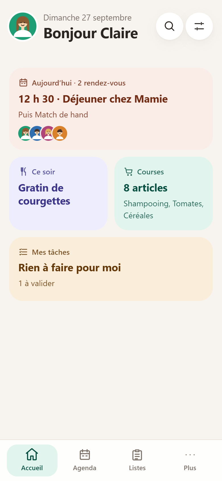 L’Accueil de Ma Famille sur un téléphone : le rendez-vous du jour, le dîner prévu, les courses à faire et les tâches du jour.